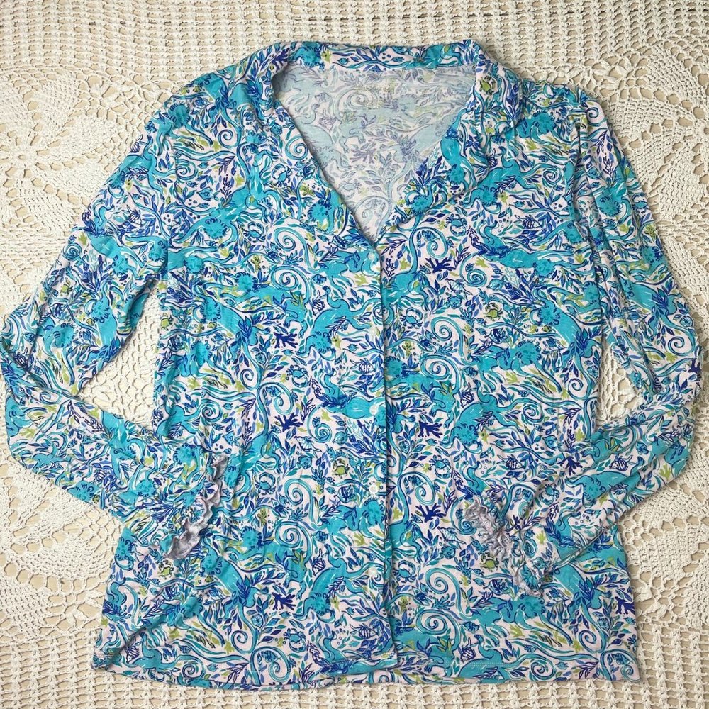 Lilly Pulitzer Women's XL Ruffle PJ Button Up Top Blue Monkey Sea Long Sleeves